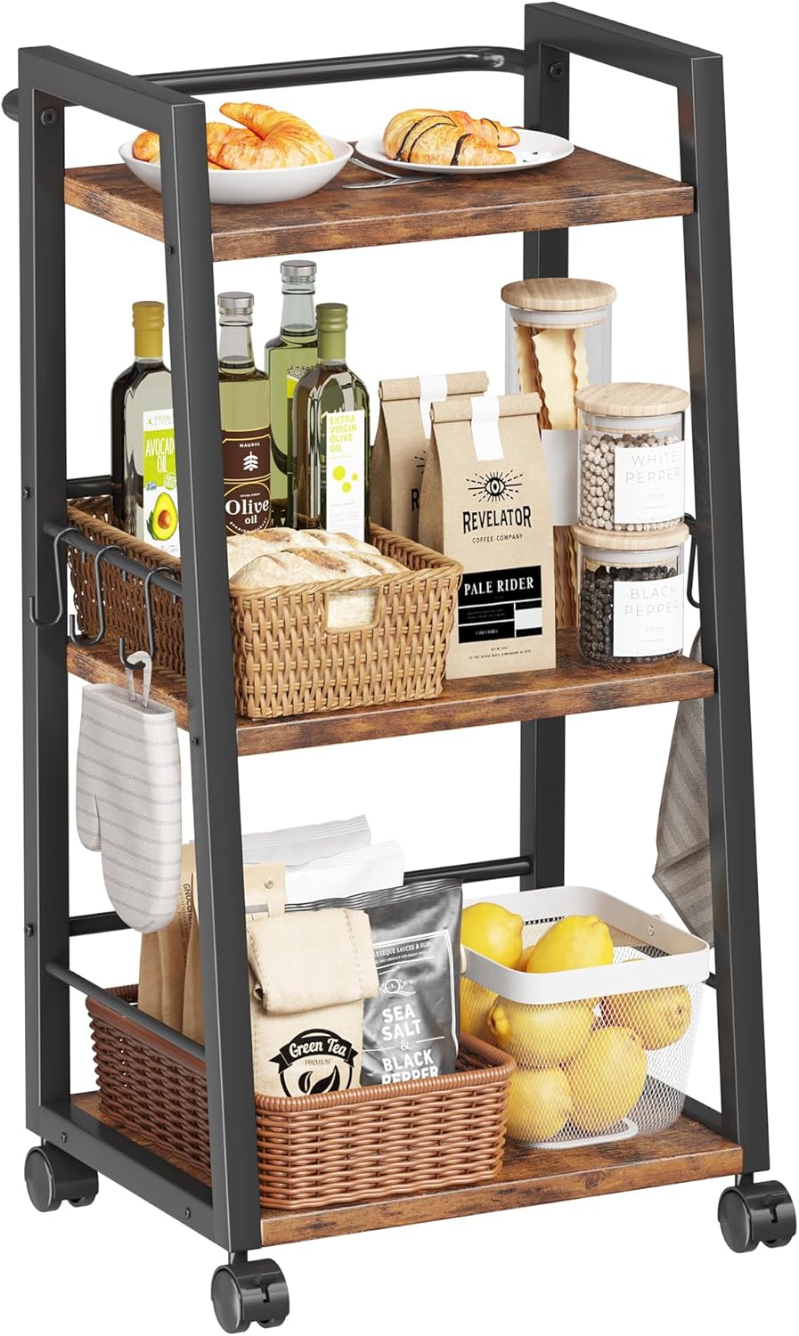3 Tier Kitchen Storage Cart with Lockable Wheels & 6 Hooks, Mobile Utility Organizer Rolling Cart for Small Spaces, Bar Cart for Kitchen and Living Room, Rustic Brown