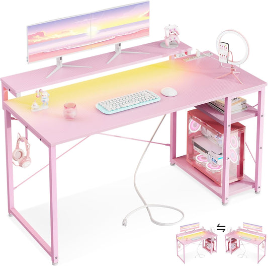 MOTPK 48 Inch Gaming Desk with Storage & Led Lights, Computer Desk with Power Outlet & Shelf, Reversible Gamer Desk with Adjustable Monitor Stand, Carbon Fiber Texture Pink