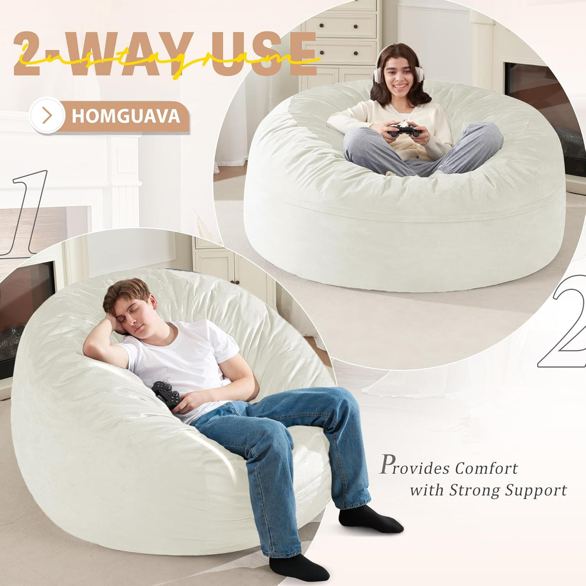 Homguava 5 FT Bean Bag Chair: 5' Bean Bags with Memory Foam Filled, Large Beanbag Chairs Soft Sofa with Dutch Velvet Cover-Beige