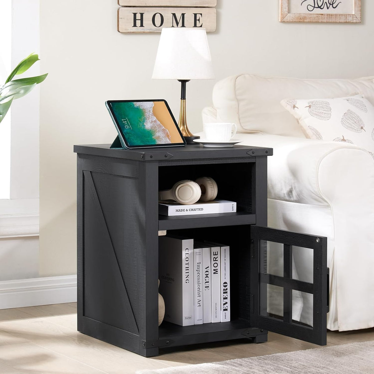 Farmhouse Nightstand with Charging Station, Rustic End Table with Tempered Glass Barn Door, Wood Sofa Side Bedside Table with Open Storage Shelf for Living Room, Bedroom (Black)