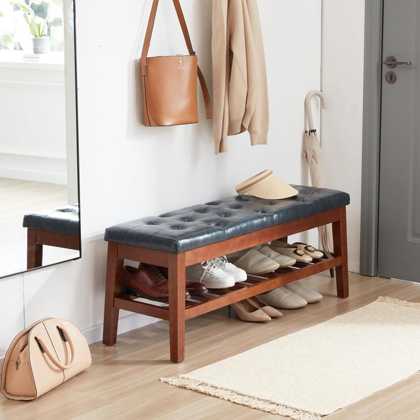 Upholstered Shoe Bench Entryway Bench for Bedroom, End of Bed, Ottoman Bench Tufted Padded Seat with Solid Wood Shelf for Living Room, Faux Leather Ink Blue