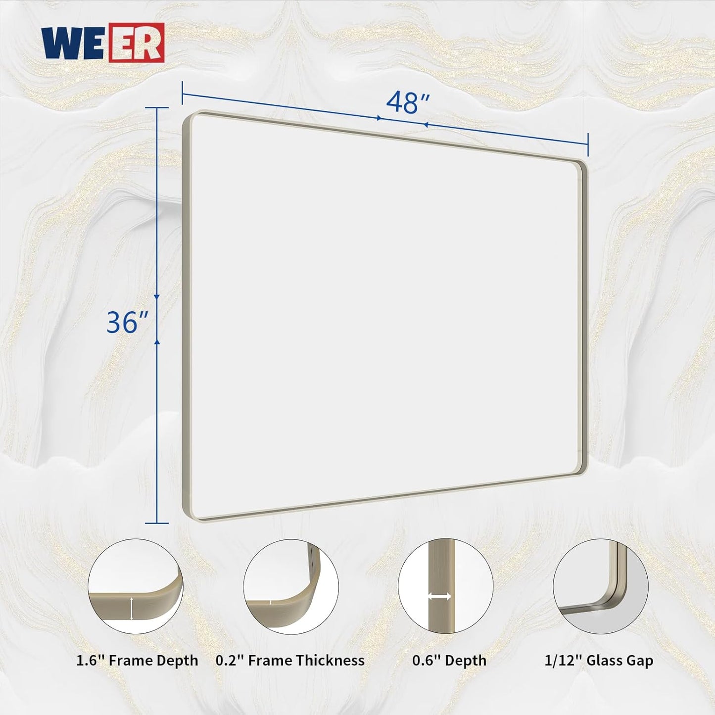 WEER 48X36 Inch Brushed Nickel Bathroom Mirror, Brushed Silver Metal Frame Mirror, Rounded Rectangle Silver Bathroom Vanity Mirror, Tempered Glass, Anti-Rust, Hangs Horizontally or Vertically