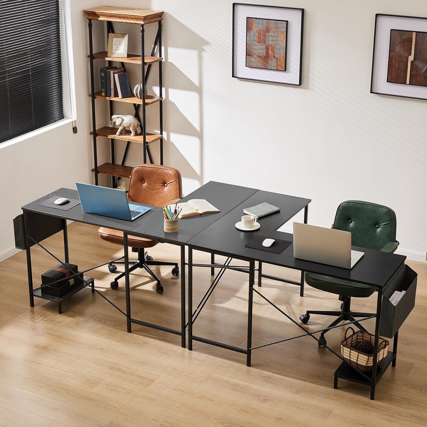 Whitmor L Shaped Gaming Desk - 50 Inch Reversible Corner Computer Desk with Wood Top, Metal Frame, CPU Stand & Side Bag, Home Office Dorm Sturdy Writing Workstation, Black