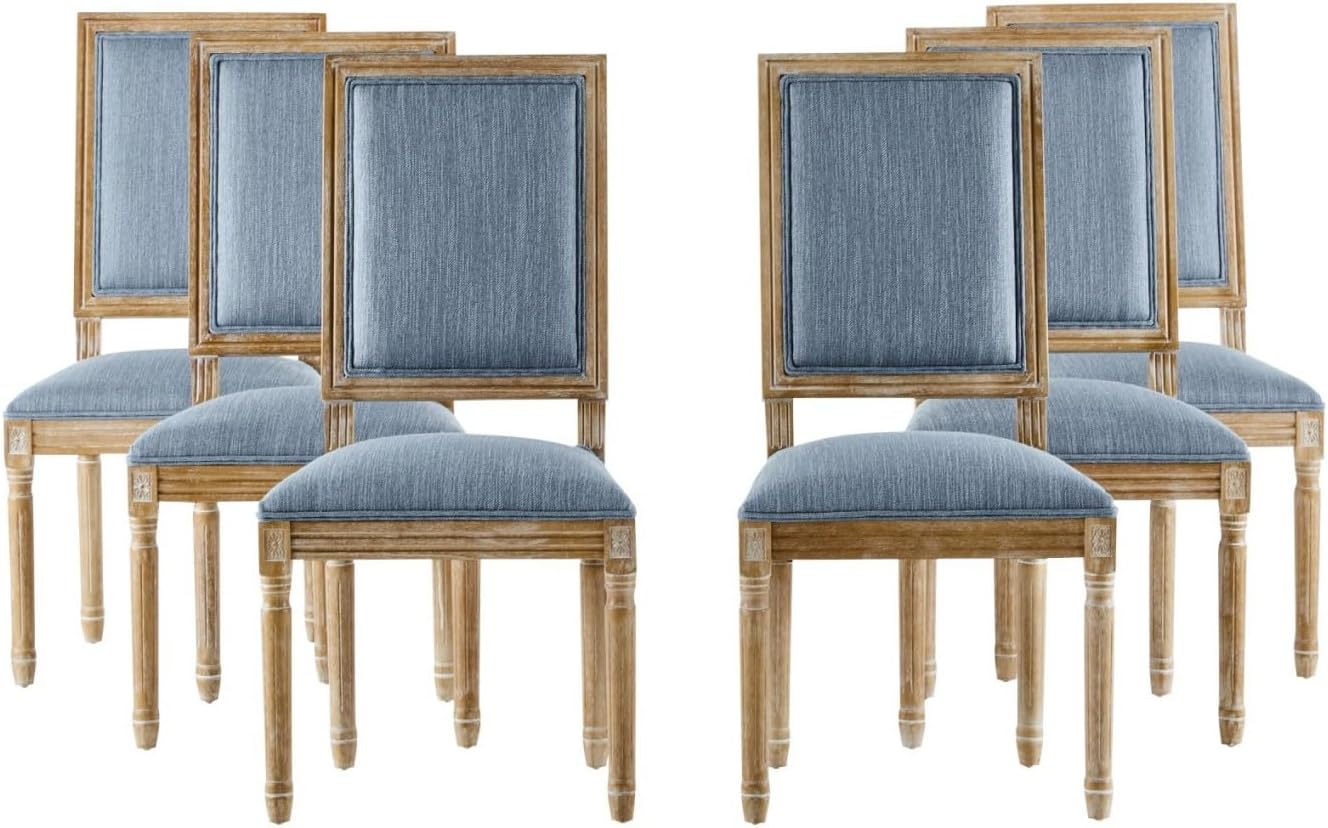 Merax Upholstered Solid Wood Dining Chairs Set of 6, French Country Style Accent Side Seating Furniture for Kitchen, Living Room, Cushioned Back, Slate Blue