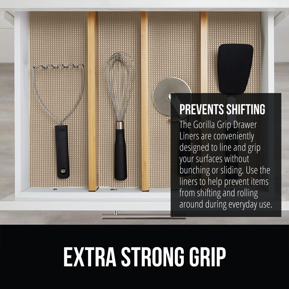 GORILLA GRIP powerGRIP Drawer Shelf and Cabinet Liner, Thick Strong Hold, Non-Adhesive Liners Protect Kitchen Cabinets and Cupboard, Bathroom Drawers, Easy Install, Breathable Mat, 24" x20', Beige