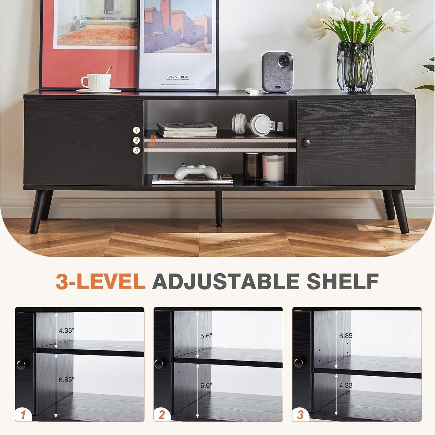 Sweetcrispy TV Stand for 55 60 inch TV, Modern Mid Century Entertainment Center with Storage, Media Console Table 2 Cabinet, Soft Hinge, Handle Door, Wooden Living Room, Office Furniture, Pure Black