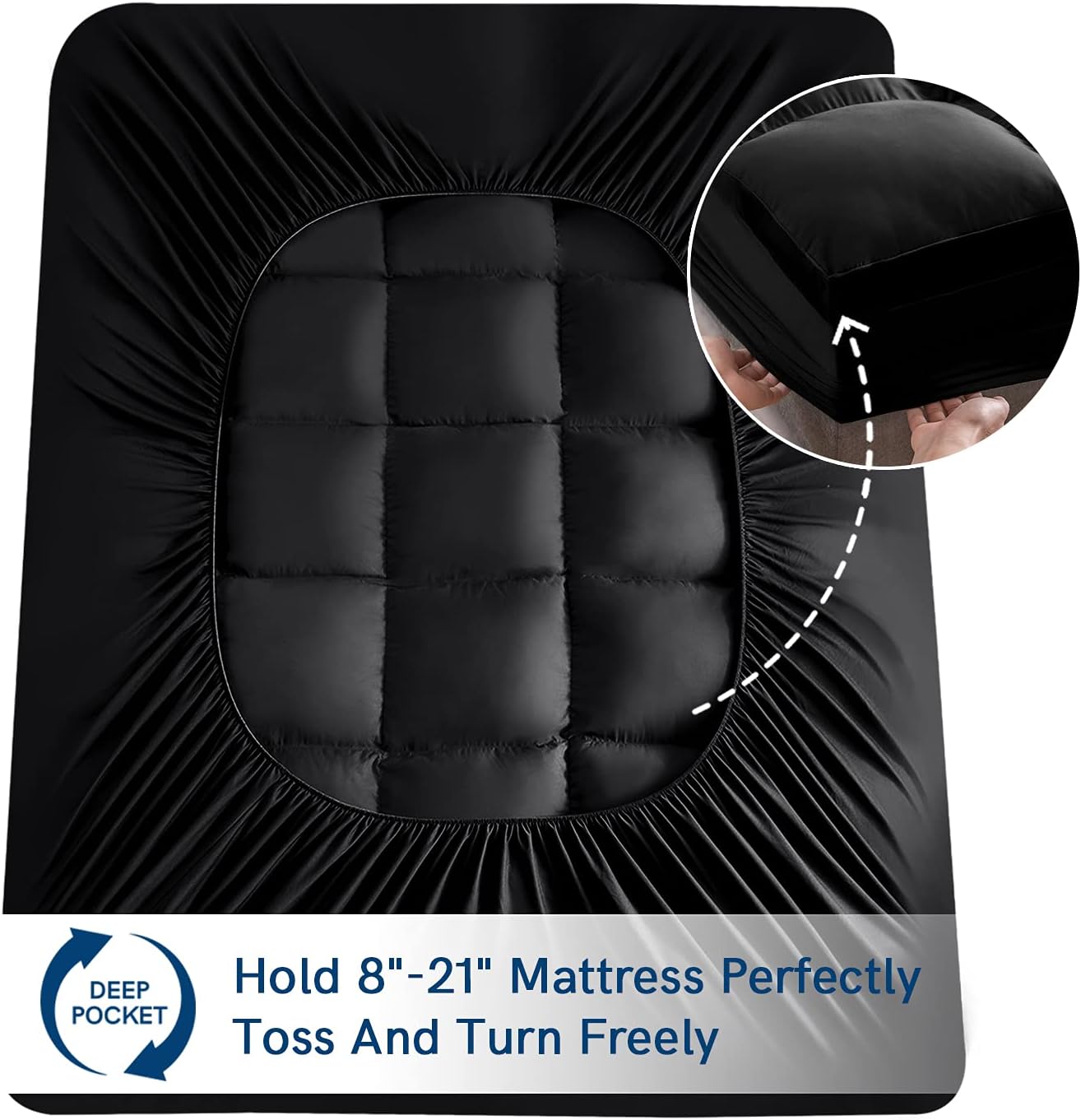 ELEMUSE RV Short Queen Black Mattress Topper for Back Pain, Extra Thick Mattress Pad Cover, Plush Soft Pillowtop with Elastic Deep Pocket, Overfilled Down Alternative Filling