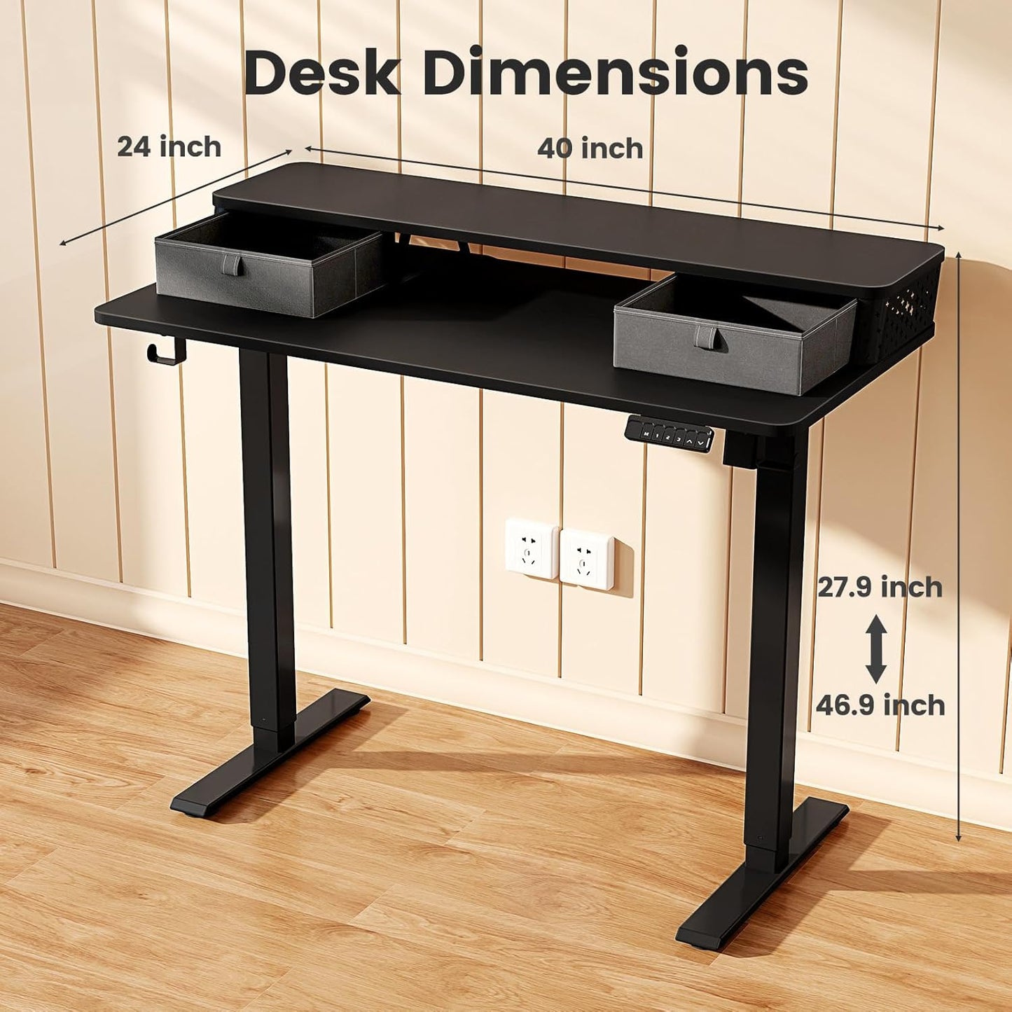 Small Standing Desk with Drawers and Brushless Motor,Electric Sit Stand Desk for Walking Pad,Ergonomic Stand Up Desk for Home Office & Gaming,3 Memory Height Preset & Hooks(40" x 24", Black)