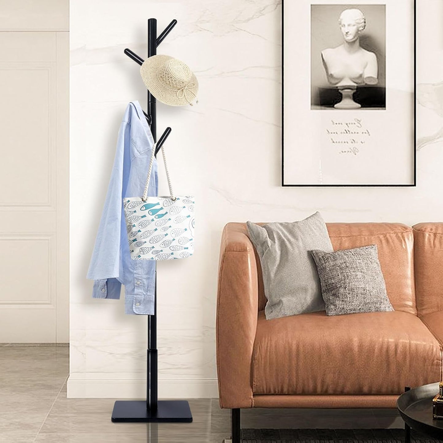 Yawinhe Coat Rack, Sturdy Woode Stand Tree with 8 Hooks, 3 Adjustable Height for Bedroom, Hallway, Entrance, Office, 11.8 x 70.8 inches, Black, 1-Pack, Square Base