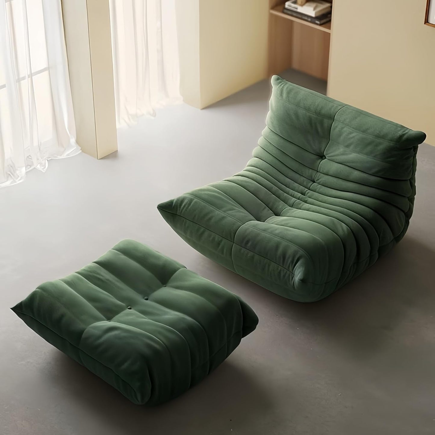 Bean Bag Chair - Memory Foam Bean Bag Chair for Adults, Comfy High-Resilience Single Sofa, Small Space Floor Chair, Chaise Lounge for Living Room, Bedroom(Dark Green, Wrinkles+Ottoman)