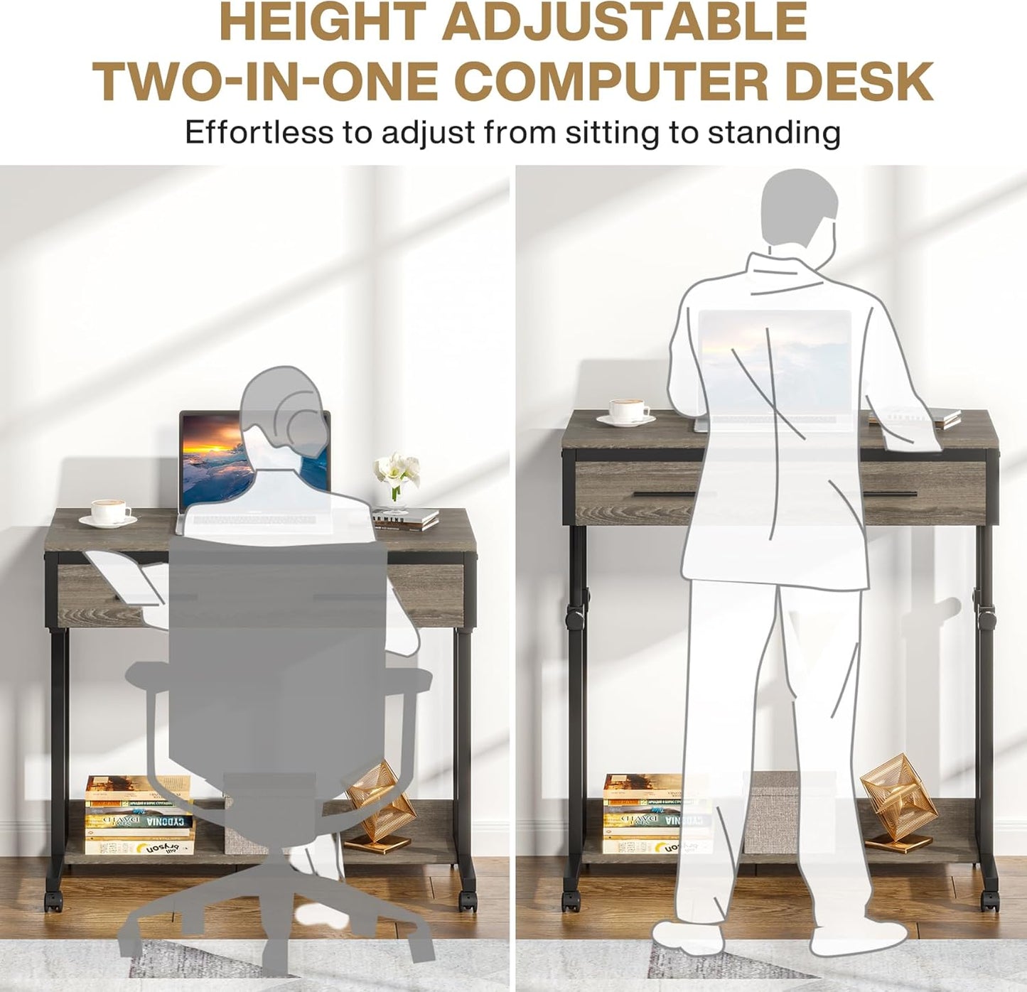 Tribesigns Portable Desk with Drawers, Mobile Laptop Desks with Wheels, Couch Desk Sofa Side Table, Small Standing Desks for Home Office (Retro Grey)