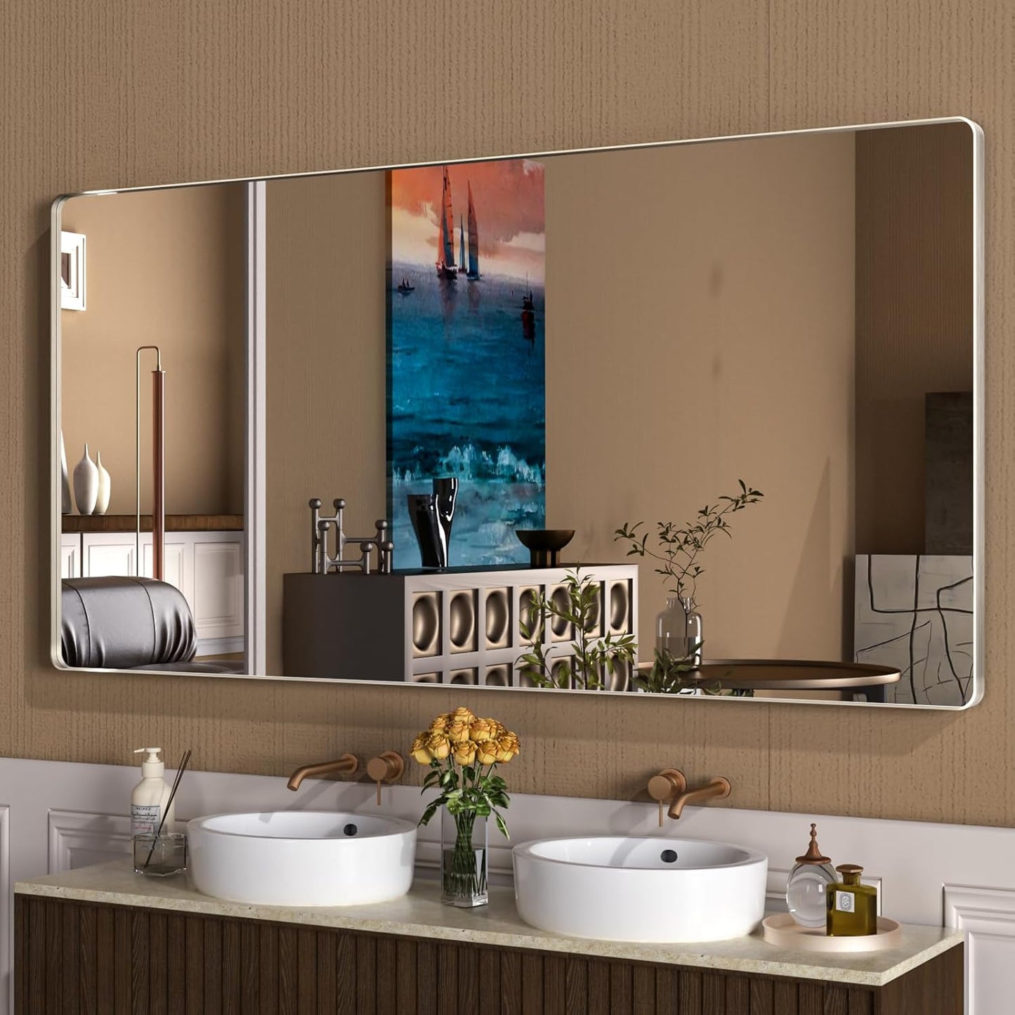 WEER 72X36 Inch Brushed Nickel Bathroom Mirror, Brushed Silver Metal Frame Mirror, Rounded Rectangle Silver Bathroom Vanity Mirror, Tempered Glass, Anti-Rust, Hangs Horizontally or Vertically