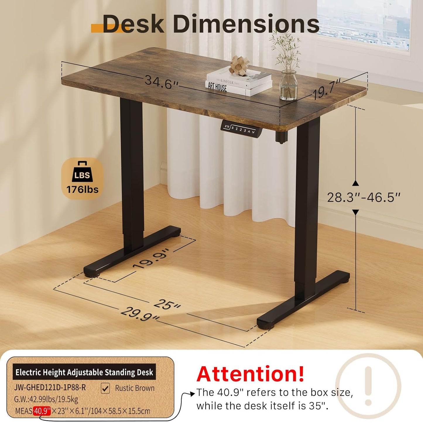 JOY worker Small Electric Standing Desk, 35" x 20" Whole Piece Height Adjustable Desk with Memory Controller, Grey Sit to Stand Desk Workstation for Home Office, Rustic