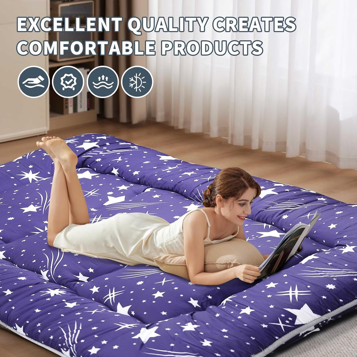 Japanese Floor Mattress,4" Thicken Japanese Floor Sleeping Pad Foldable,Futon Mattress Suitable for Camping and Guest Room (Blue, Full (80" X 47"))
