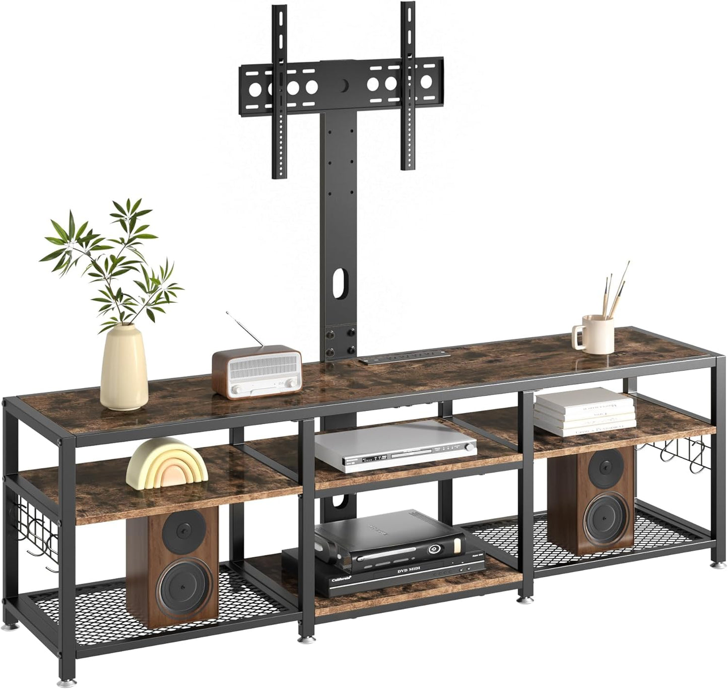 VECELO 71" TV Stand with Mount and Power Outlets, Entertainment Center with Open Storage Shelves, Height Adjustable Mount up to 80”, Wooden Table and Metal Frame for Living Room, Rustic Brown