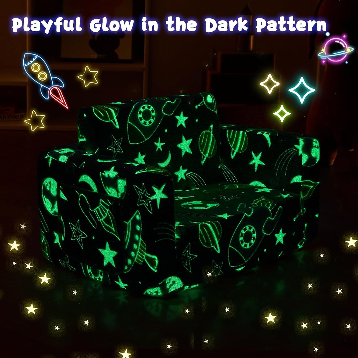 Toddler Couch,Toddler Chair,2-in-1 Baby Seat Furniture Fold Out, Convertible Sofa to Lounger Comfy Glow in The Dark Sofa Bed,Gifts for Kids Girl Boys,Rocket,Medium