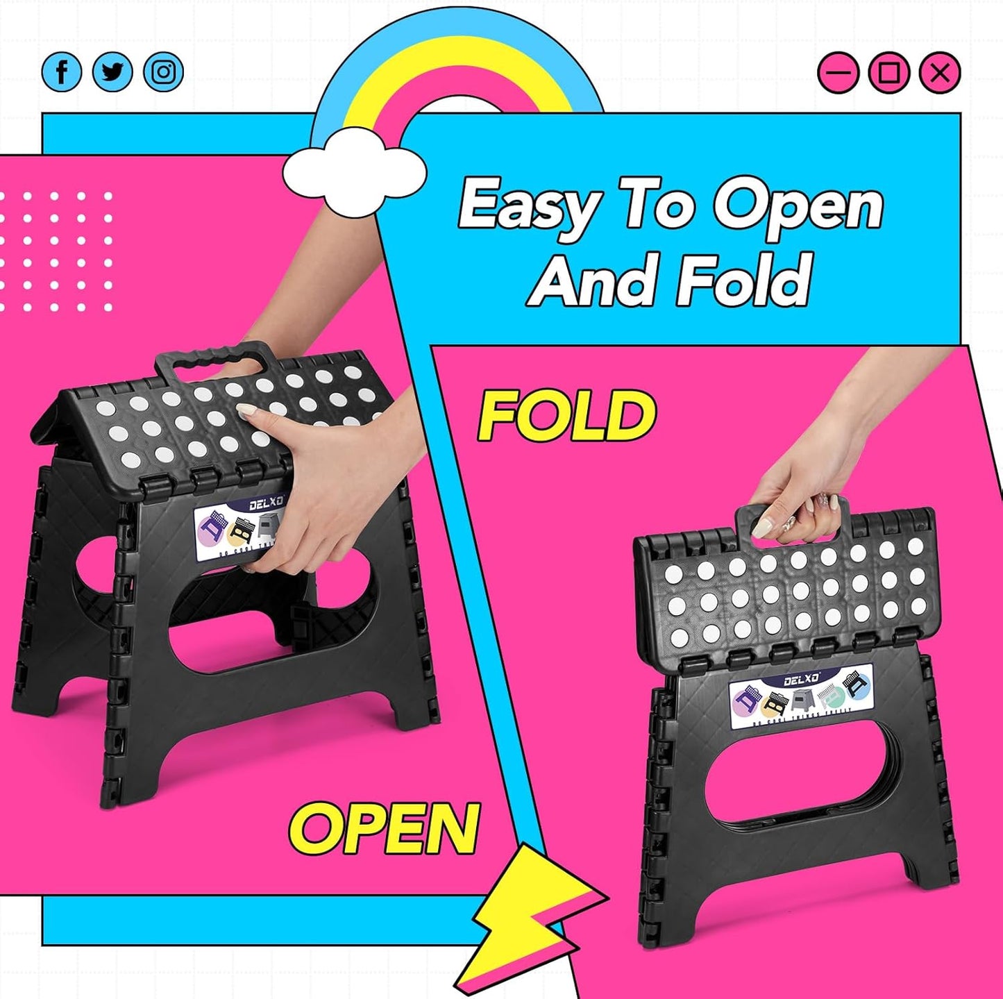 Delxo Folding Step Stool,11 Inch Non-Slip Foldable Step Stools,Portable Foldable Step Stool Lightweight Small Folding Stool with Handle for Kitchen Bathroom in Black,1 Pack