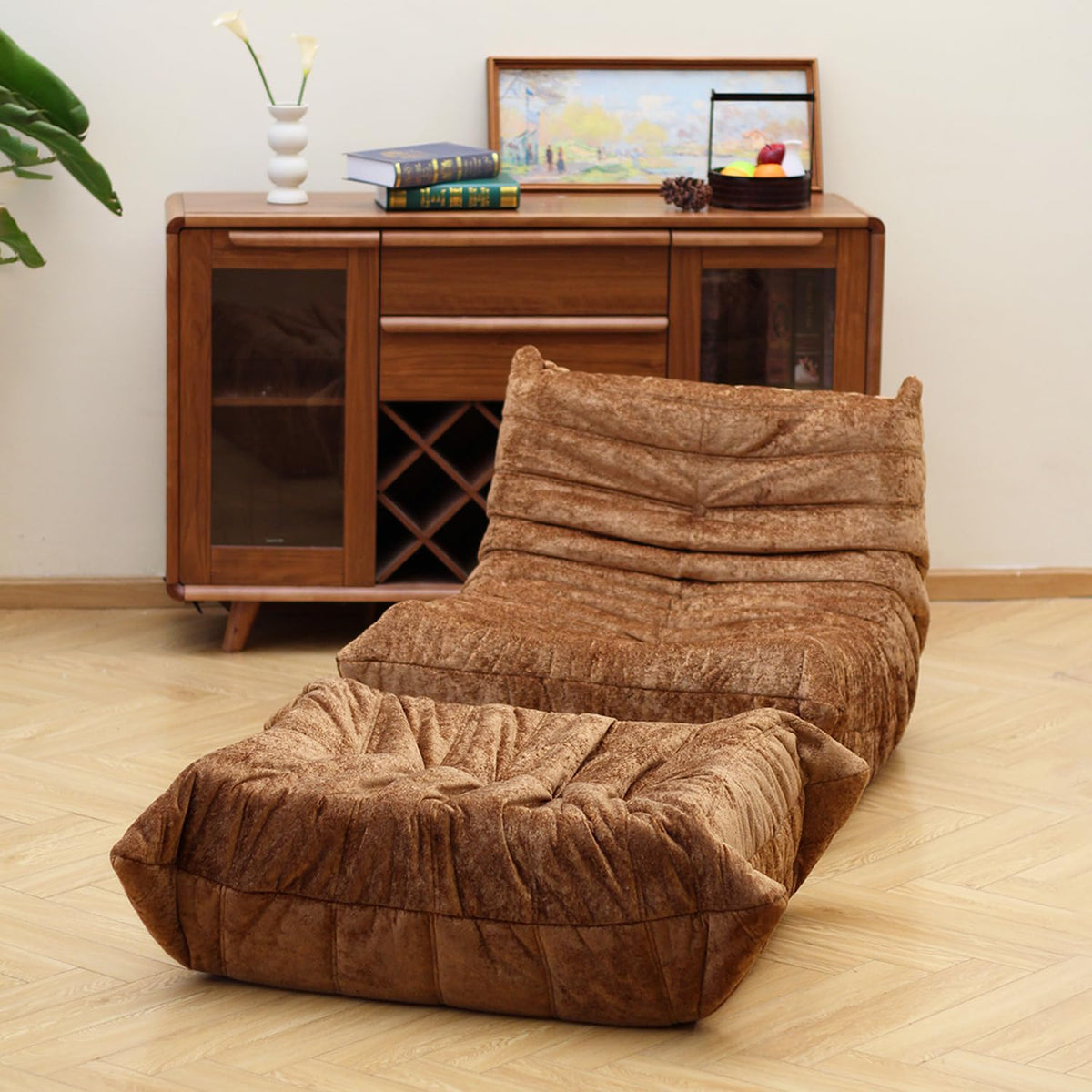 N&V Fireside Chair, Mid Century Armless Floor Sofa, Soft Premium Chenille Floor Lounge Chair, Foam Sofa Accent Chair for Living Room Bedroom and Office (Brown, Single)