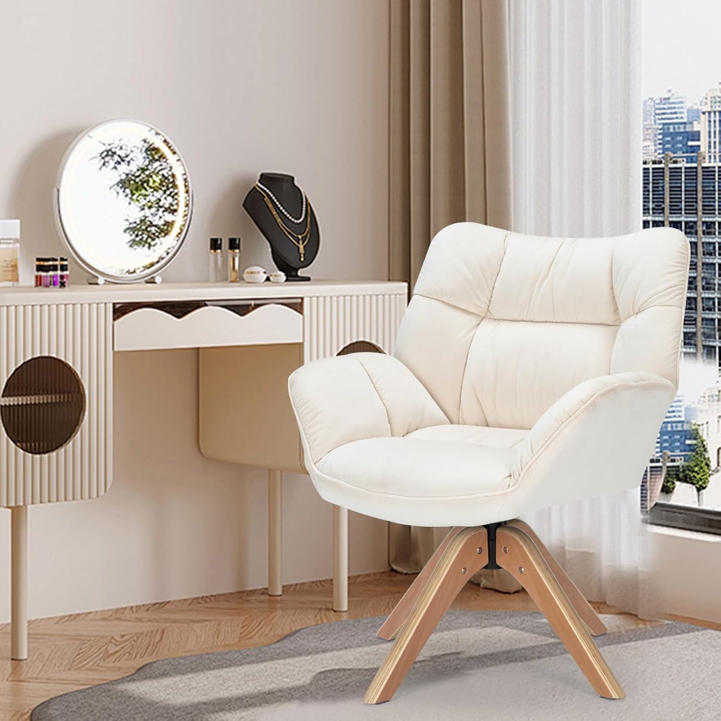 Mid Century Accent Chair, Fabric Desk Chair, Modern Cozy Vanity Chair no Wheelwith Wood Legs, Upholstered Single Boucle Armchair for Living Room Bedroom Office Guest Room Dining Room (Beige)
