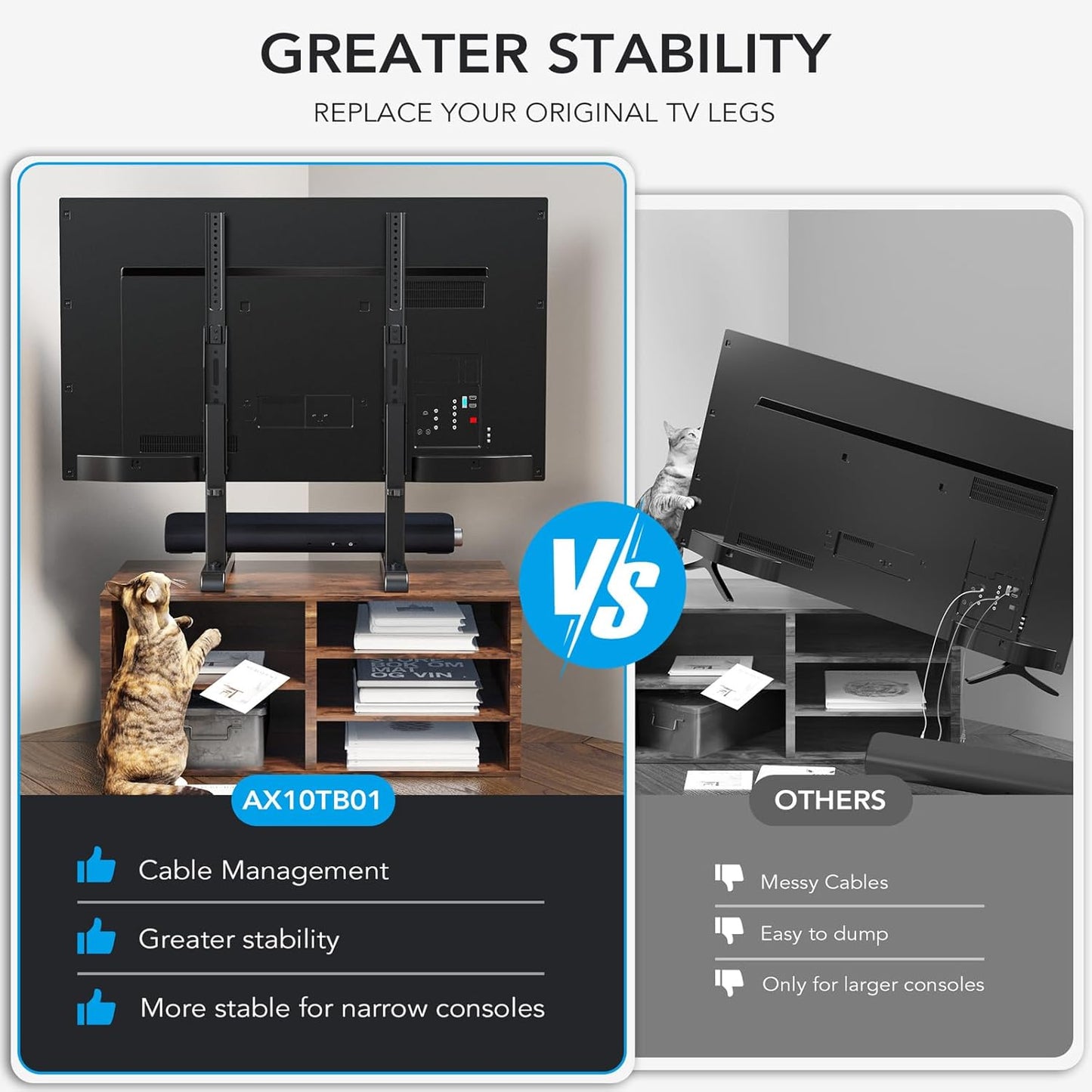 AX WABER Universal TV Stand,Table Top TV Stand Base Replacement for Most 37 to 86 Inch LCD LED TVs, 7 Height Adjustable Legs with Cable Management Hold up to 150lbs, Max VESA 800x600mm, Black AX10TB01