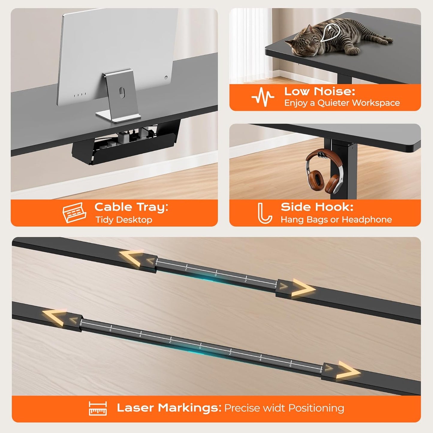 Huuger Electric Standing Desk Frame with Dual Motor, Sit Stand up Desk Leg for 47.2” to 86.6” Desktop, Computer Desk Leg with Cable Tray, 3 Memory Height Presets, 2 Hooks, Black Frame Only