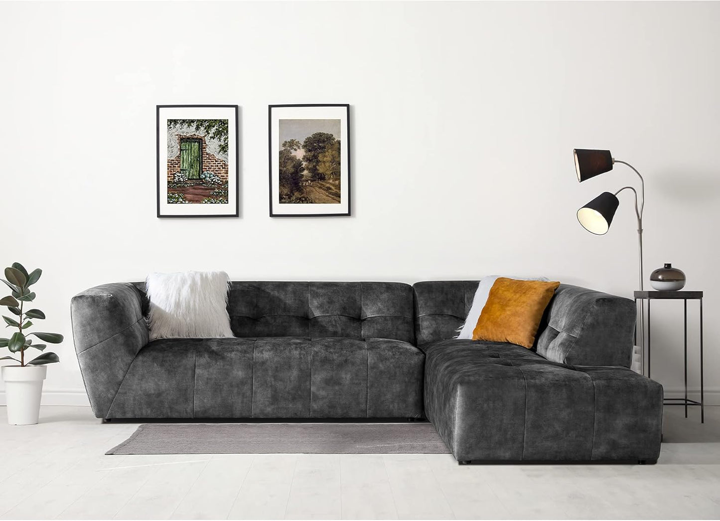 Acanva Luxury Mid-Century Velvet Tufted Low Back Sofa Set L-Shape 2-Piece Living Room Couch, 113" W Right Hand Facing Sectional, Grey