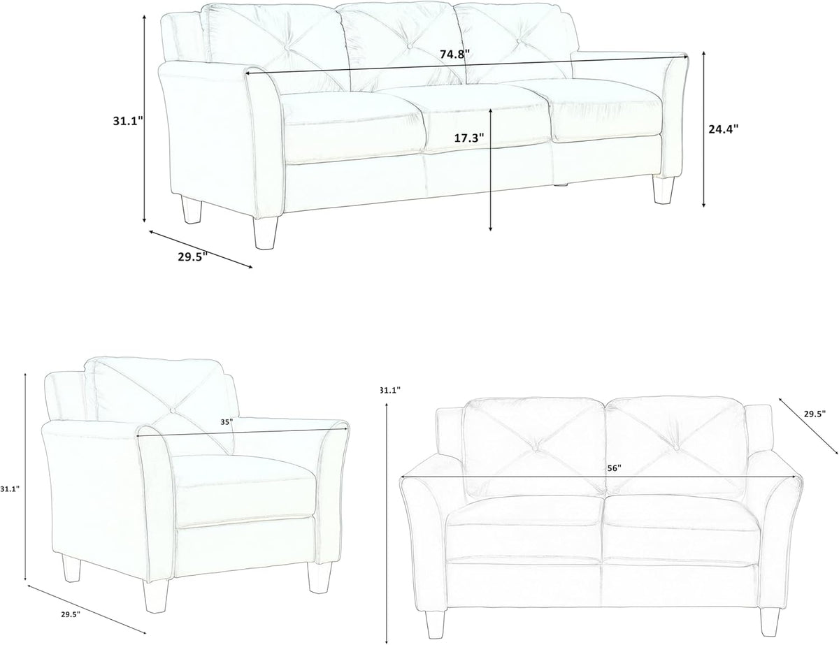 3 Pieses Modern Living Room Sofa Sets Polyester Blend Button Tufted Sofa&Couch Include 3 Seaters Couch, Loveseat and Armchair with Ergonomically Curved Armrests for Home Apartment Office