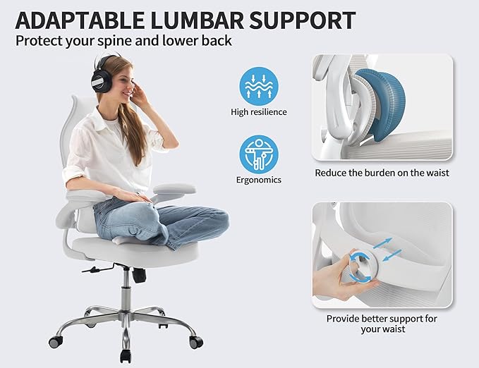 TRALT Ergonomic Office Chair - Desk Chair with Wave High Back Adjustable Lumbar Support Computer Chair - Gaming Chairs Mesh Backrest and PU Leather Seat for Home Reading Chairs to Adults(White)