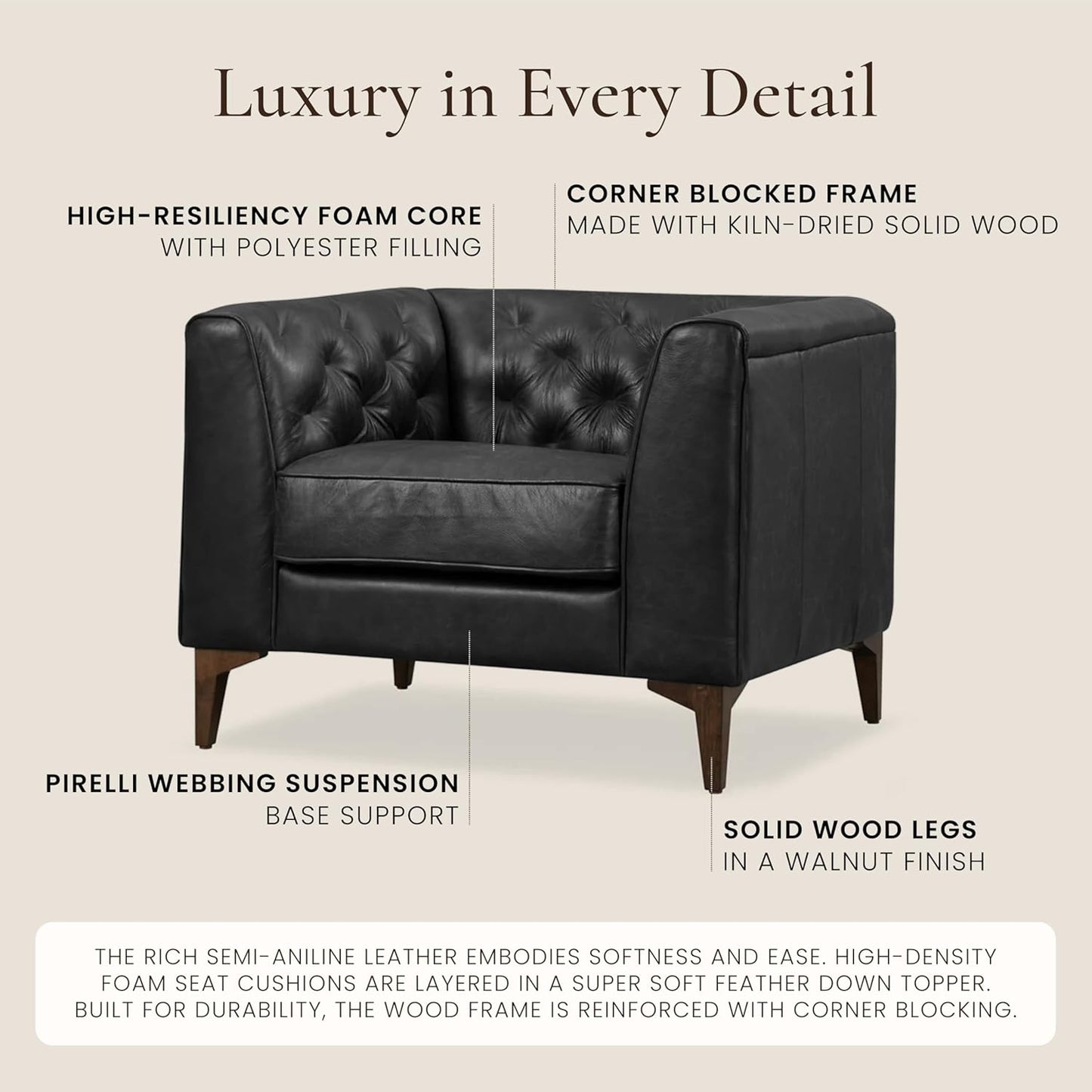 Poly & Bark Essex Lounge Chair - Leather Chair with Tufted Back - Full-Grain Living Room Armchair with Feather-Down Topper - Vintage Italian Leather in Midnight Black - Set of 2