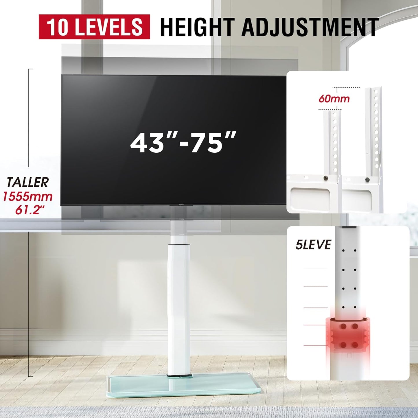 Swivel TV Floor Stand for 43-75 Inches TVs, 10 Level Height Adjustable Corner Extra Tall TV Stand Mount for Living Room/Bedroom, Holds up to 110 lbs,MAX VESA 600x400mm,White