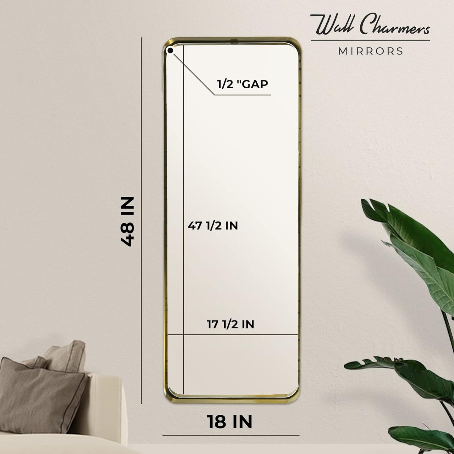 Gold Rectangular Mirror 48 inch Tall | Wall Mounted or Free Standing Floor Mirror | Full Size with Stainless Steel Frame and Rounded Corners | Full Length Mid Century Modern Design by Wall Charmers