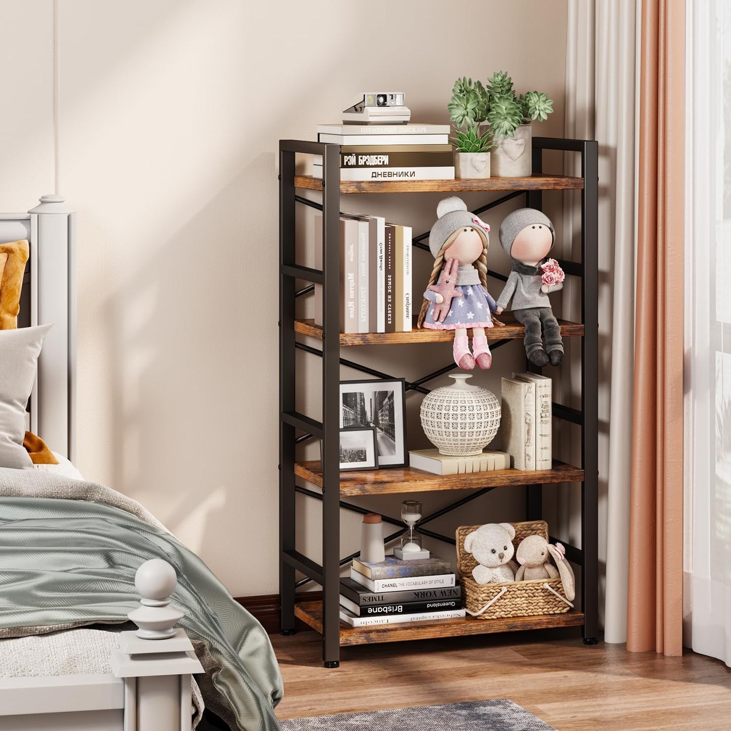 Homeiju Bookshelf, 4 Tier Small Bookcase, Organizers and Storage, Metal Small Bookcase, Rustic Book Shelf Organization and Storage for Living Room, Bedroom, and Home Office(Rustic Brown)