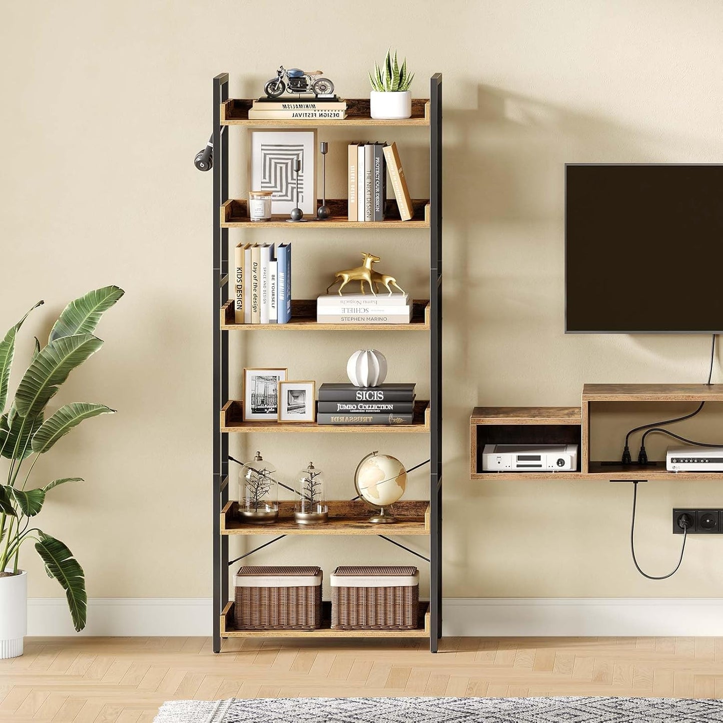 Rolanstar Bookshelf 6 Tier with 4 Hooks, Industrial Bookcase, Vintage Storage Rack with Open Shelves, Rustic Standing Bookshelves Metal Frame Display Rack for Living Room, Bedroom, Rustic Brown