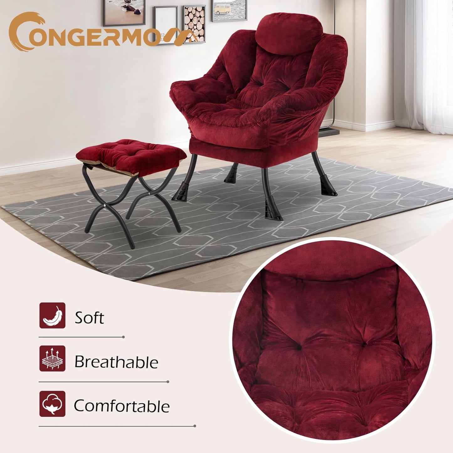 Lazy Chair with Folding Ottoman,Leisure Sofa Chair,Soft Fabric Armchair with Armrests and Side Pockets, Reading Chair with Footrest for Living Room, Bedroom, Office (Plush Red)