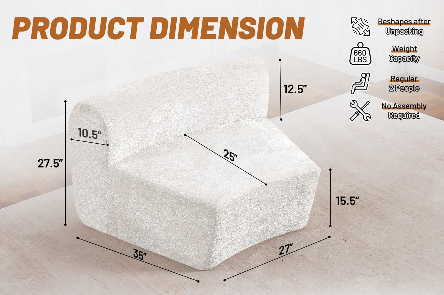 Homguava Modular Sectional Sofa, Memory Foam Couch Single Sofa Chair with Deep Seat, Modern Upholstered Sofa Couches for Living Room Apartment Office, No Assembly Required, Beige