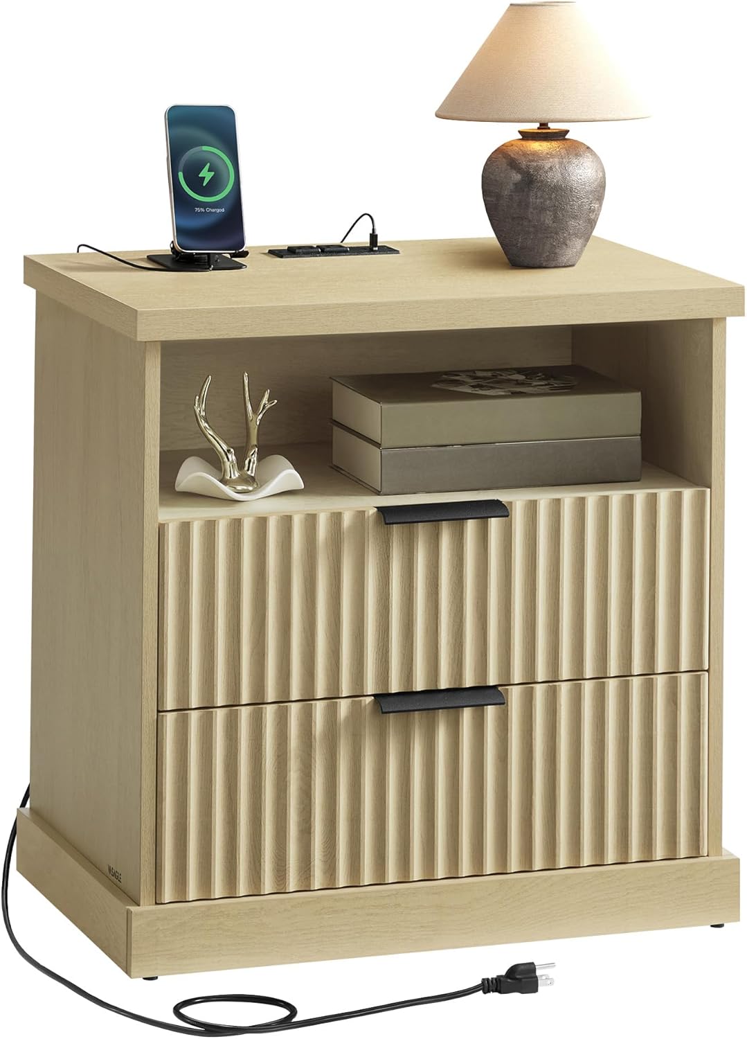 VASAGLE MAXE Collection - Nightstand with Charging Station, Bedside Table, Side End Table with 2 Drawers, Open Shelf, 2 AC Outlets, 2 USB Ports, Transitional, for Bedroom, Oak Beige ULET626Y01S