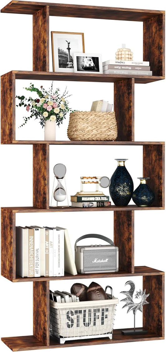Yusong Bookshelf 5-Tier, Geometric Bookcase S Shaped Book Shelves for Bedroom, Modern Industrial Wood Decorative Display Shelf Book Case for Home Office, Rustic Brown