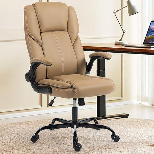 Office Chair - Executive Leather High Back Office Desk Chair with Rocking Function - Ergonomic Breathable Comfortable Wide Swivel Rolling Gaming Computer Chair with Flip-up Armrests & Lumbar Support