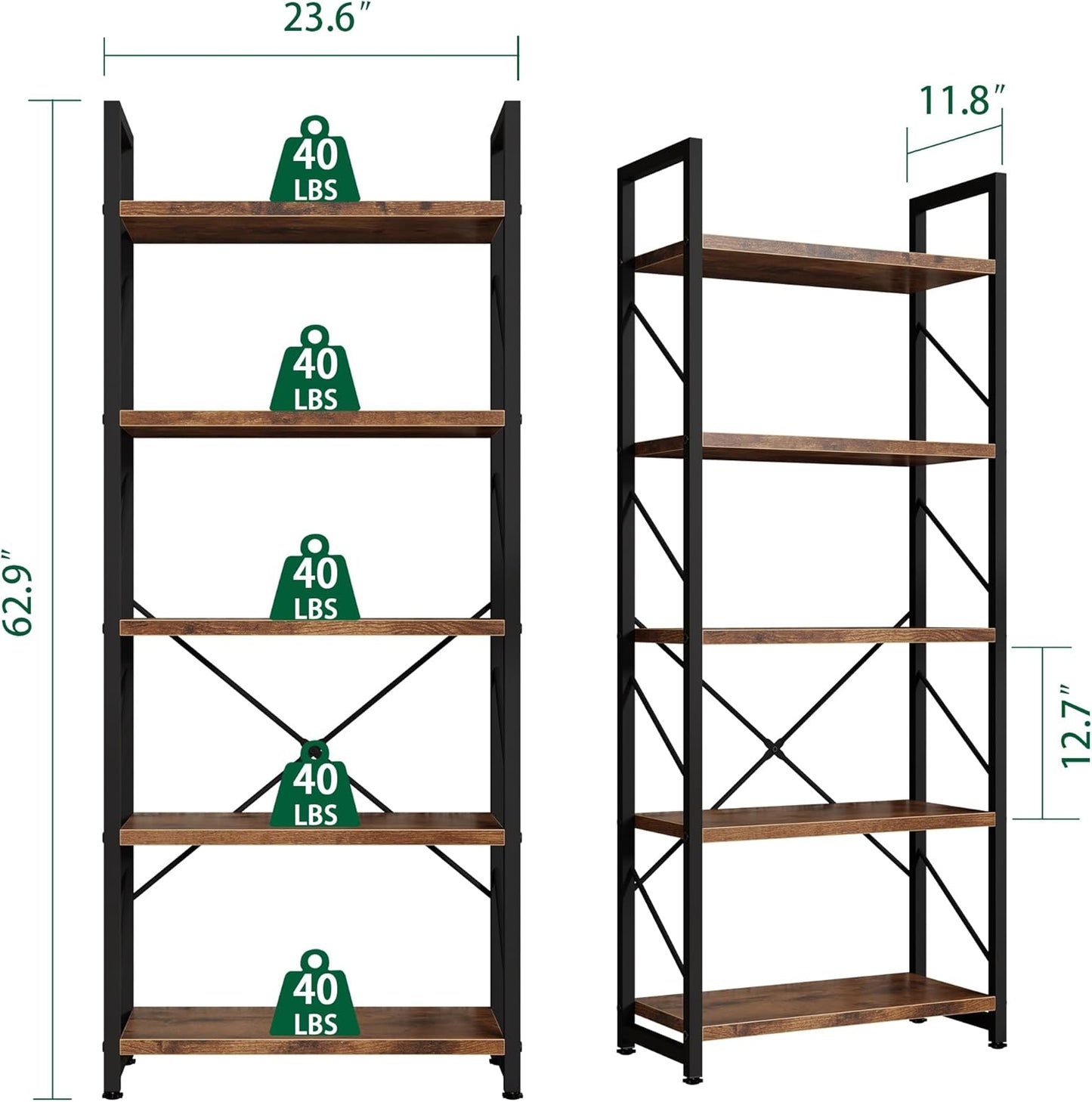 Shintenchi 5 Tiers Bookshelf, Classically Tall Bookcase Shelf, Industrial Book Rack, Modern Book Holder in Bedroom/Living Room/Home/Office, Storage Rack Shelves for Books/Movies-Rustic Brown