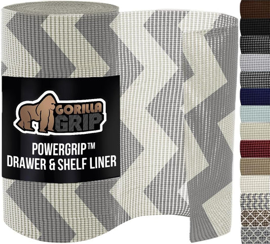 GORILLA GRIP powerGRIP Drawer Shelf and Cabinet Liner, Thick Strong Hold, Non-Adhesive Liners Protect Kitchen Cabinets and Cupboard, Bathroom Drawers, Easy Install, Breathable Mat, 12" x20', Chevron