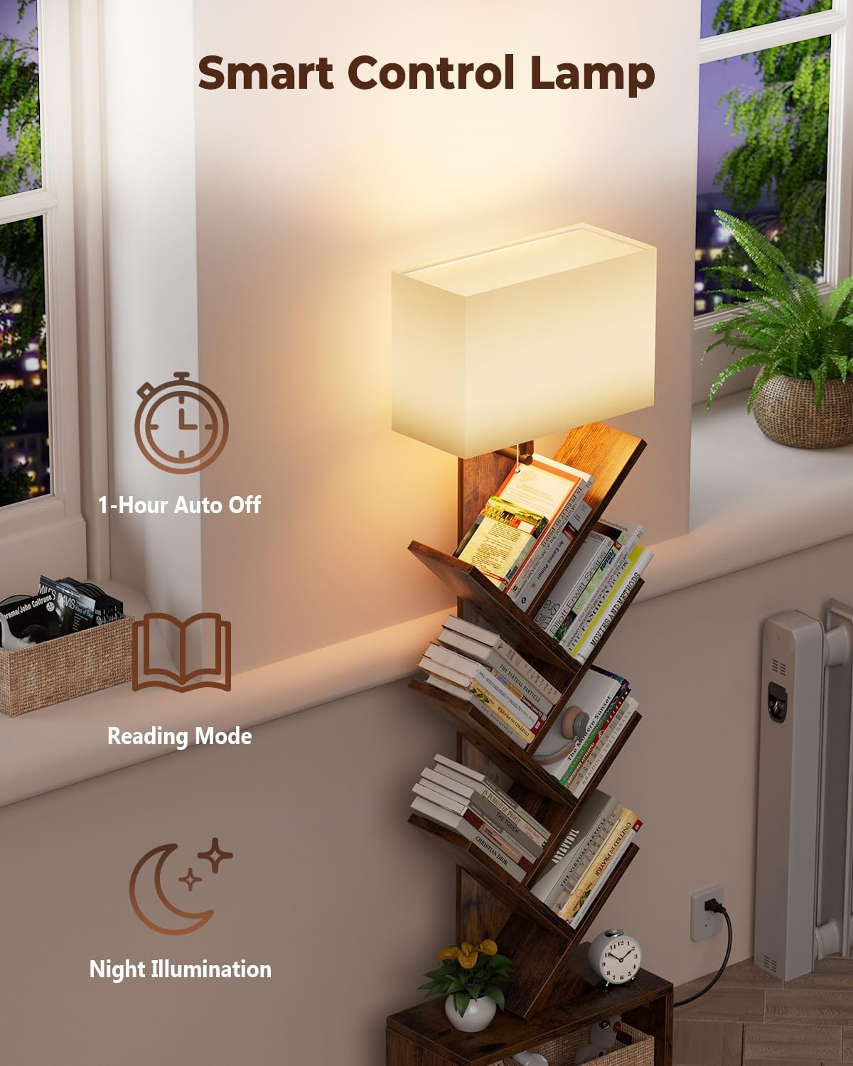 6 Tier Tree Bookshelf with Smart Light, Small Bookcase Tower with Remote Control, Tall Floor Standing Book Organizer for Living Room, Bedroom & Home Office, Rustic Brown
