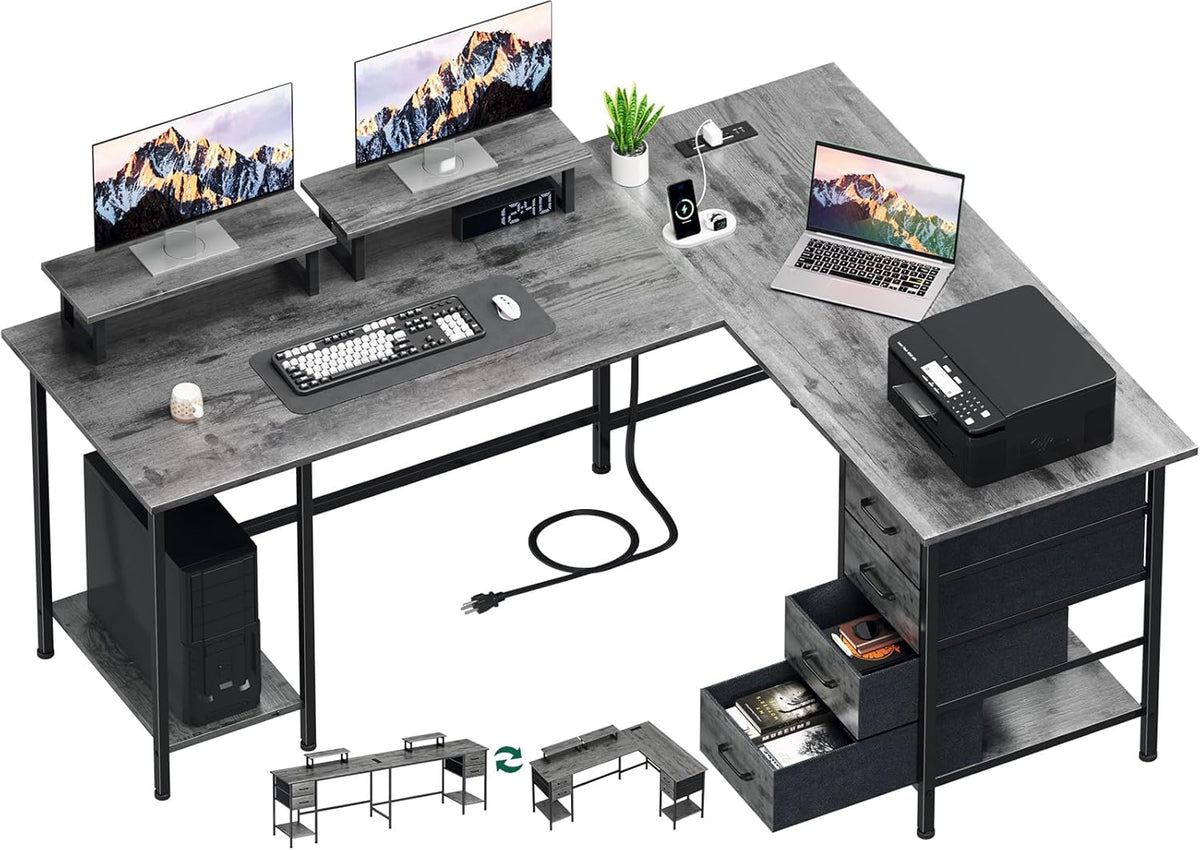 59 inch L Shaped Computer Desk with Power Outlets, Home Office Desk with 4 Adjustable Storage Drawers & 2 Monitor Stands, Two Person Gaming Table for Bedroom, Grey