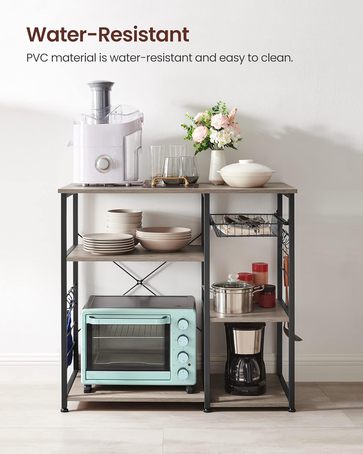 VASAGLE ALINRU Kitchen Baker’s Rack, Coffee Bar, Microwave Oven Stand, with Steel Frame, Wire Basket, 6 Hooks, for Mini Oven, Spices Utensils, Industrial, Greige and Black UKKS090B02