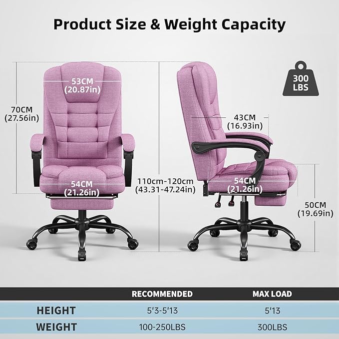 Ergonomic Gaming Chair with Footrest, Office Desk Chair Reclining 90°-150°, Comfortable Computer Chair with Adjustable Height & Armrests, Gamer Chair Silla Gamer for Adults Home Office, Pink