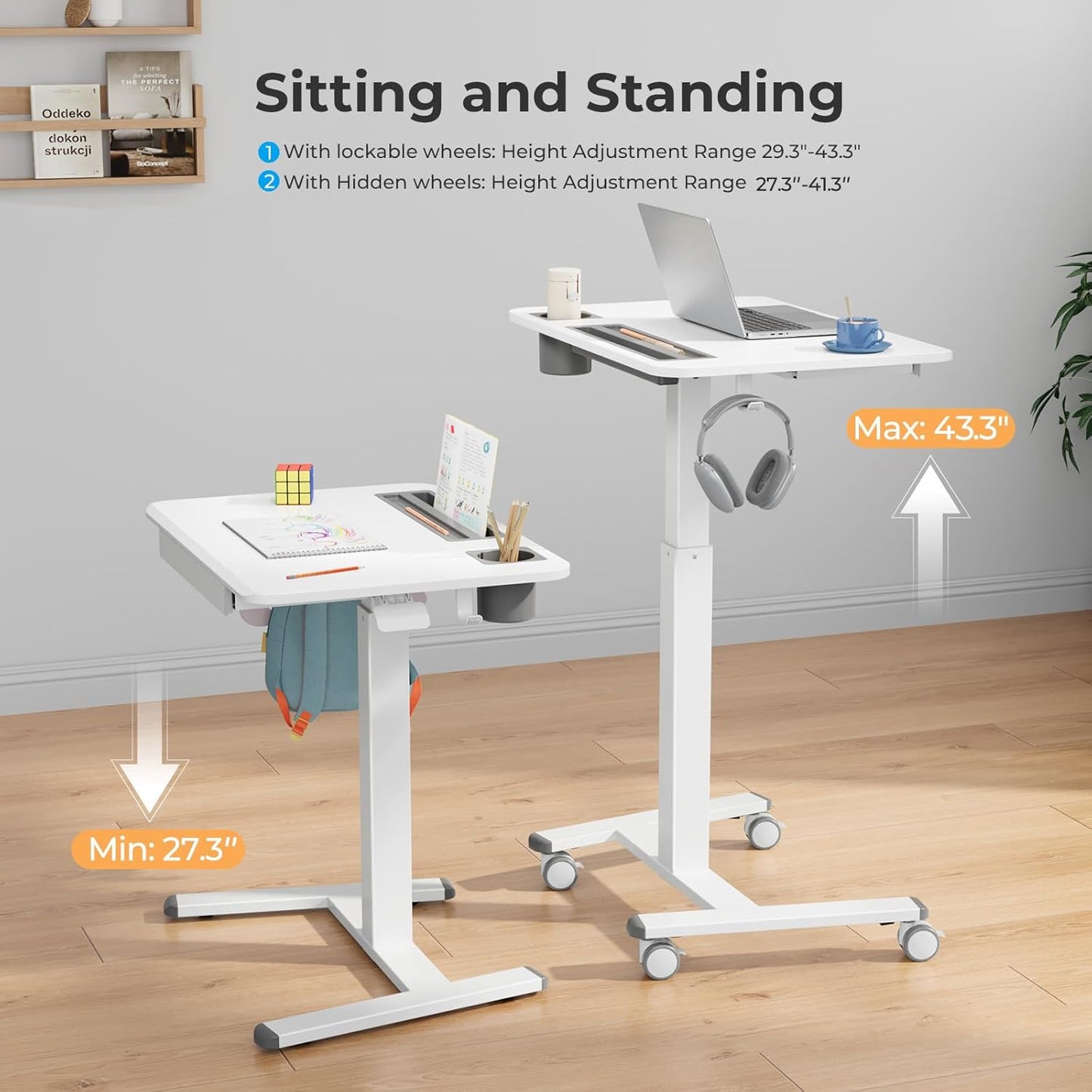 Mobile Standing Desk with Drawer, 28" Rolling Desk with Cup Holder and Hooks, Portable Laptop Cart on Wheels, Height Adjustable Workstation with Storage for Home Office, White
