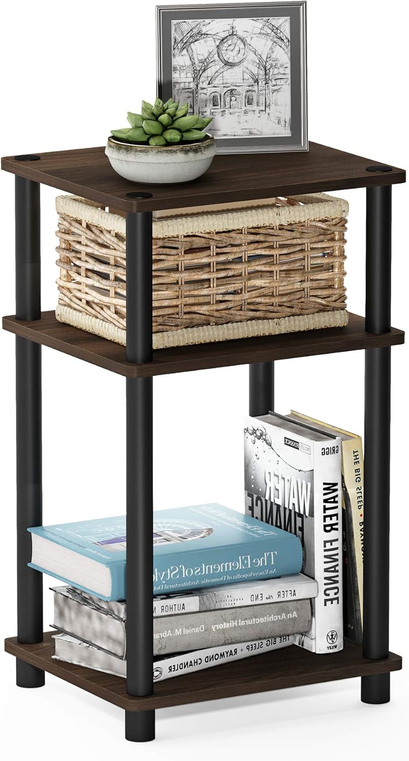 Furinno Just 3-Tier Turn-N-Tube End Table / Side Table / Night Stand / Bedside Table with Plastic Poles, 1-Pack, Columbia Walnut/Black
