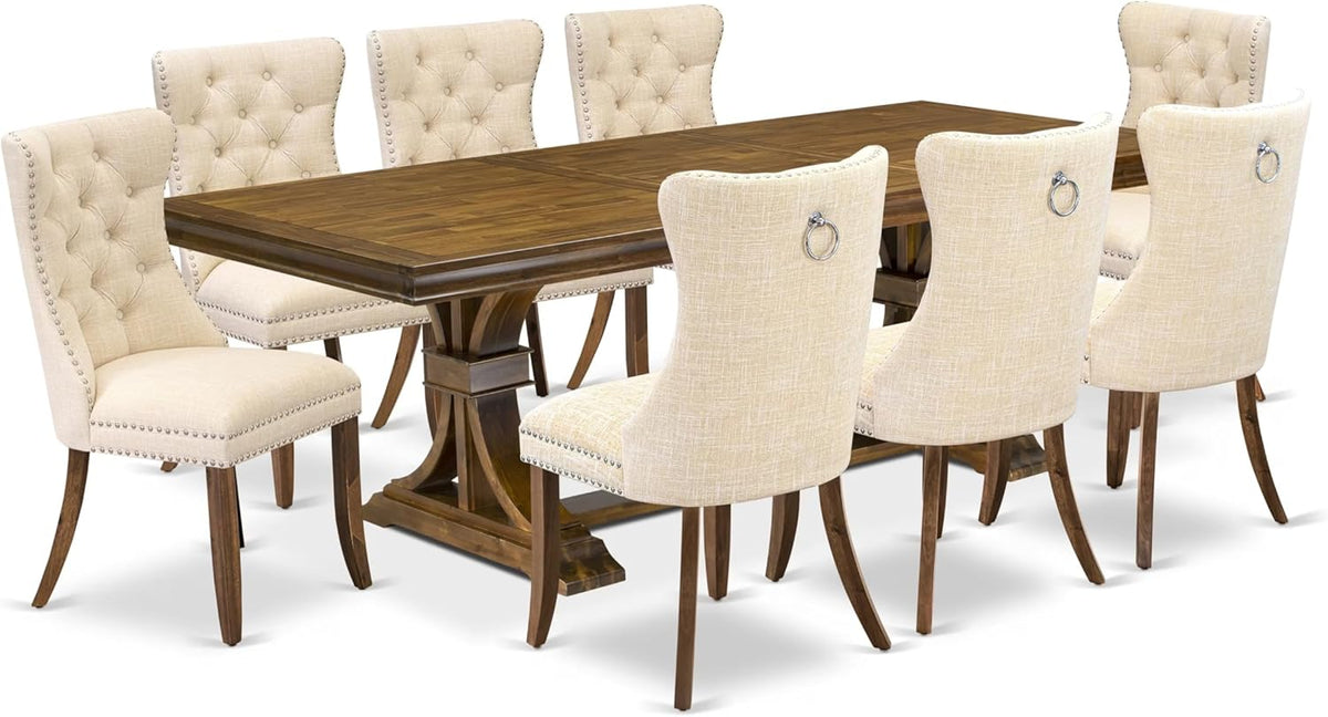 LEDA9-AWA-32 9 Pieces Dining Table Set Includes a Rectangle Table and 8 Light Beige Polyester Fabric Dining Chairs, Antique Walnut