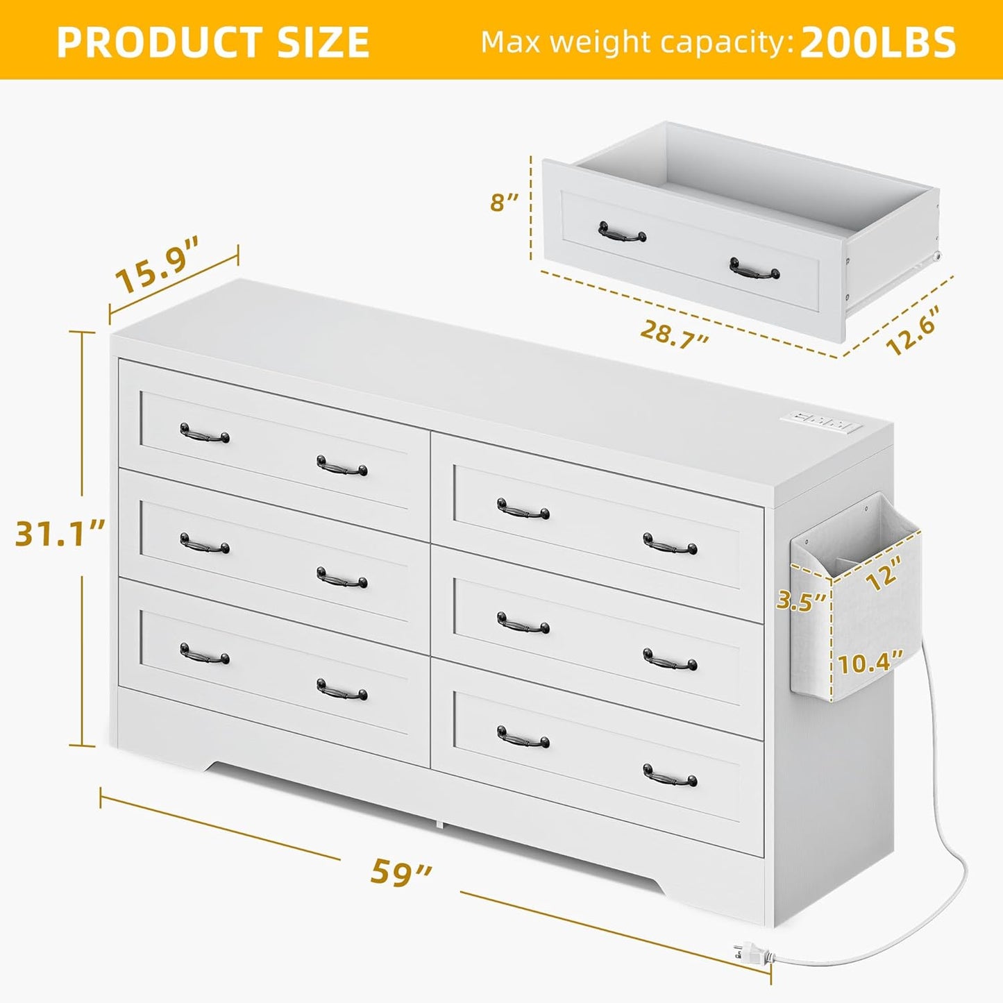 YITAHOME White Drawers TV Stand for 65 inches with Power Outlets -Chest of Drawers Dresser with Side Organizer Bag Entertainment Center TV Console, White