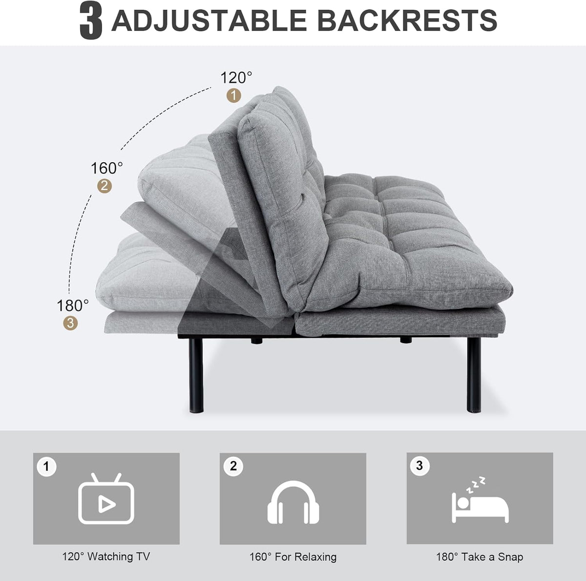 Vipbear Futon Sofa Bed Couch, 71" Convertible Sofa Bed, Space-Saving Loveseat with Adjustable Backrest & Armrest for Living Room,Apartment,Office,Medium Grey Sleeper Sofa