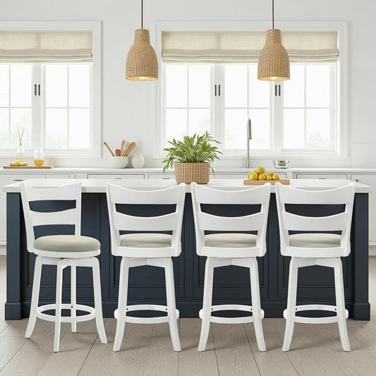 Armen Living Blair 26 in. Matte White Counter Height Rubberwood Swivel Barstool with Fog Fabric Seat - Set of 4